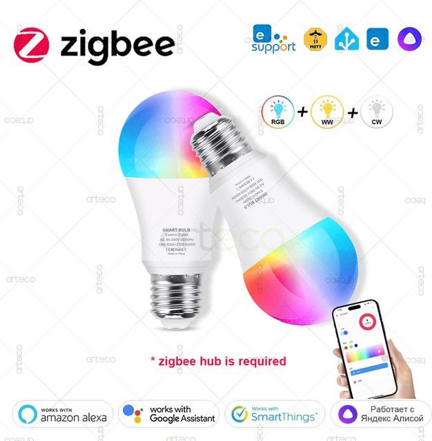 Arteco Zigbee E27 LED-Lampe RGB, dimmbar, 15 W bis 18 W, 2700–6500 K, kompatibel mit Alexa, Yandex und Smartthings - Bild 1