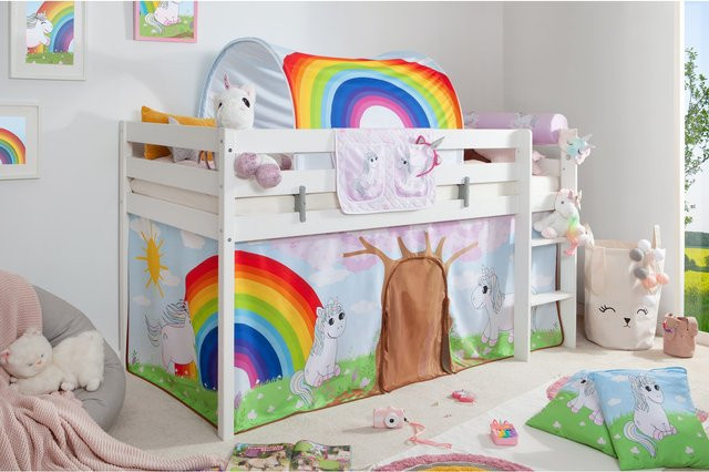 TiCAA Hochbett Einhorn Rainbow für Kinder aus weiß lackierter Kiefer mit Zubehör - Bild 1