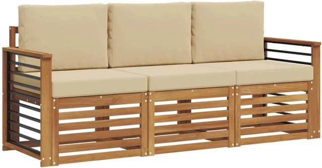 vidaXL Sofagarnitur 3-teilig aus Massivholz Akazie in Natur und Beige mit Sitz- und Rückenkissen im modernen Latten-Design - Bild 1