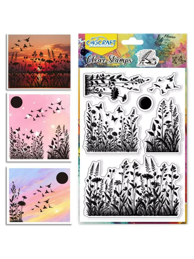 Transparenter Stempel mit Wildblumen-Muster, Vögel und Sonne Silhouette aus Kunststoff - Bild 3