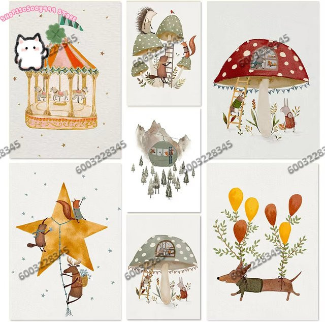 Potdemiel Kinder Cartoon Kunst Poster Leinwand Wandgemälde mit Tiermotiven in Mehrfarbig, Rahmenlos - Bild 1