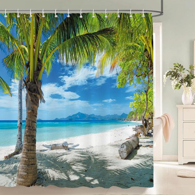 Wasserfester Duschvorhang mit 3D Strand Landschaft Design von Baifenbai Home Furnishing in Blau, B/H: 180 x 240 cm - Bild 1