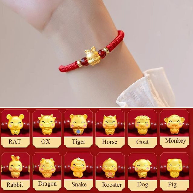 Rinhoo Armband, rotes Seil, goldfarbene Perlen, Unisex - Bild 1