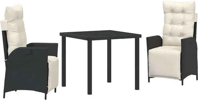 vidaXL Garten Essgruppe 3-teilig aus Poly-Rattan und pulverbeschichtetem Stahl in Schwarz mit Sicherheitsglas und rechteckigem Tisch - Bild 1