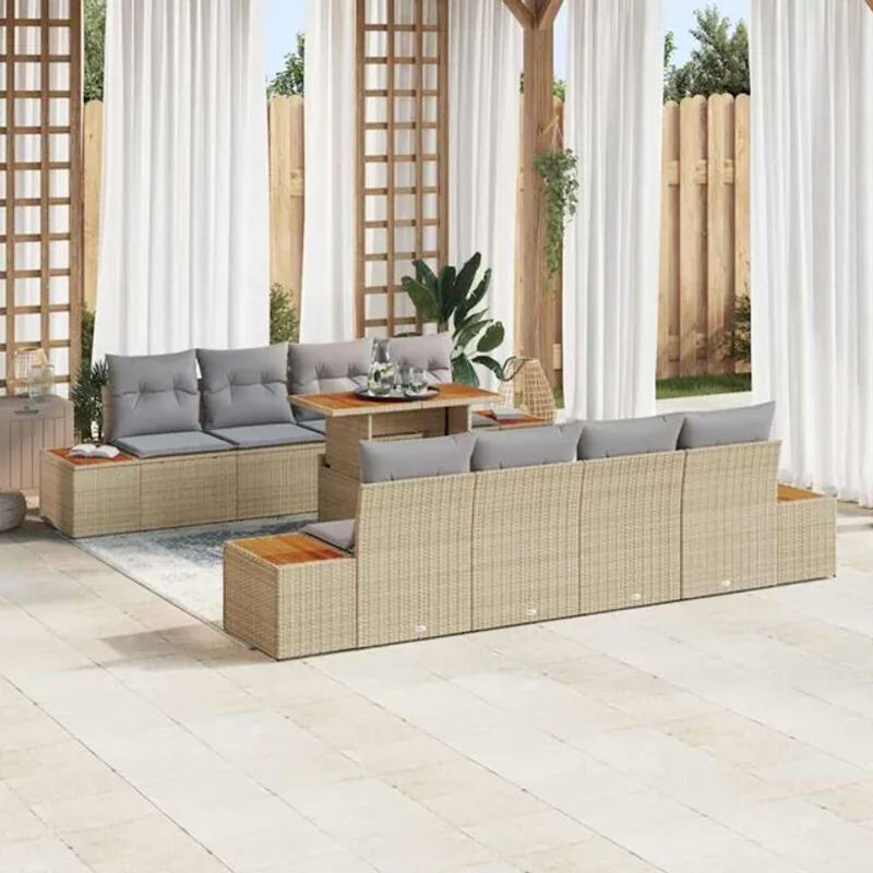 vidaxl Gartenmöbel-Set aus Polyrattan und Akazie mit 9 Teilen und Kissen, Beige und Grau, B/T/H: 100 x 55 x 73 cm - Bild 1