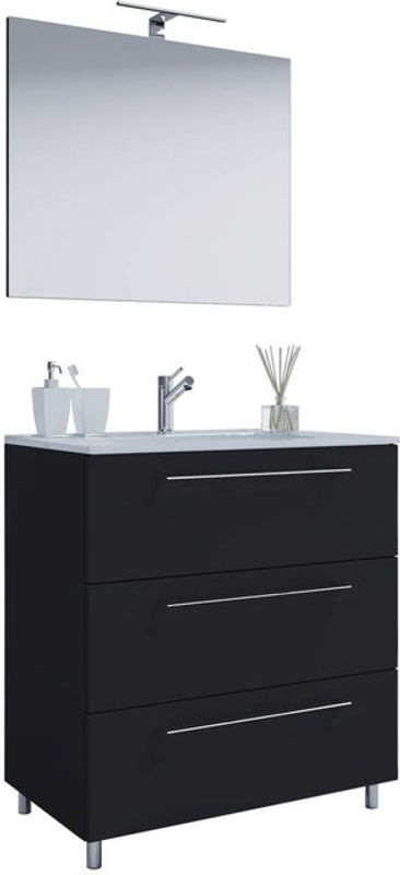 VCM Badmöbel Set Badinos 3-tlg. Waschplatz mit Waschbecken, Unterschrank und Spiegel in Schwarz Matt, Breite: 80 cm, Höhe: 86 cm, Tiefe: 46 cm - Bild 2