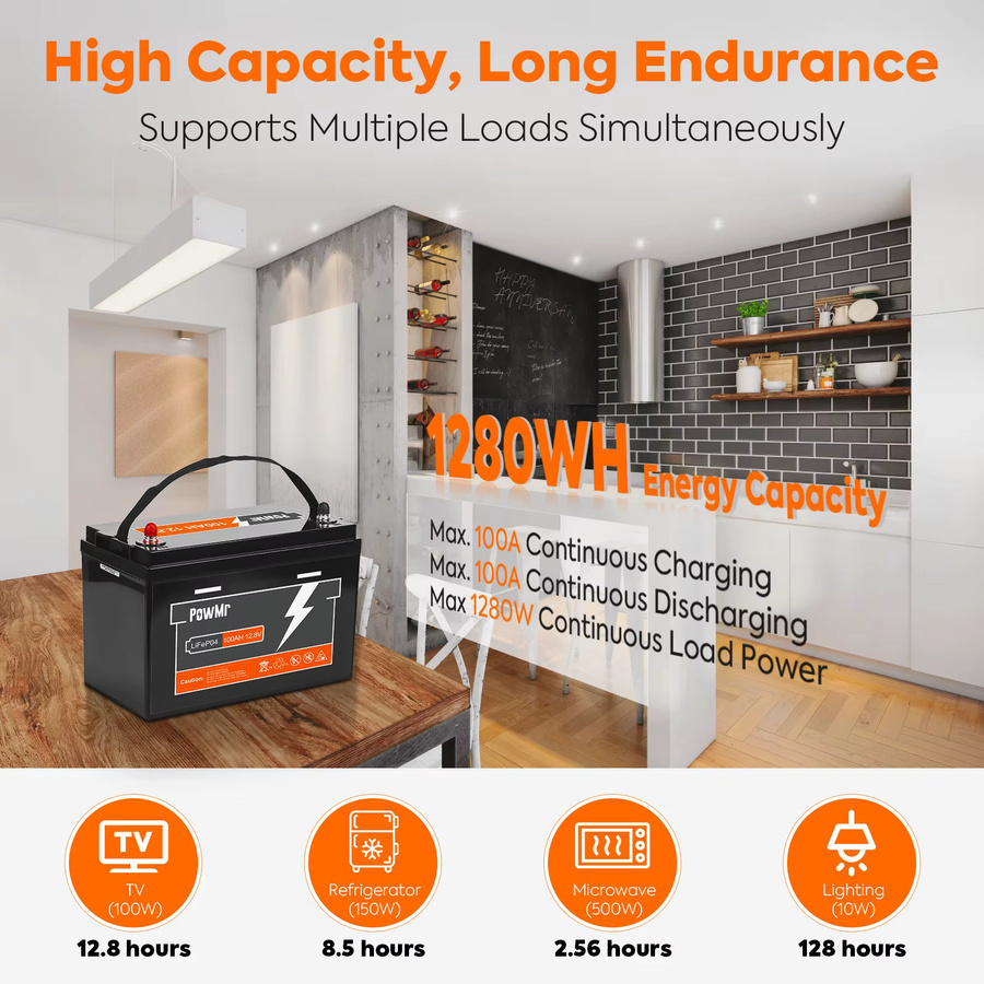 POWMr LiFePO4 Batterie 12V 100Ah 1280Wh mit integriertem BMS in Schwarz - Bild 5
