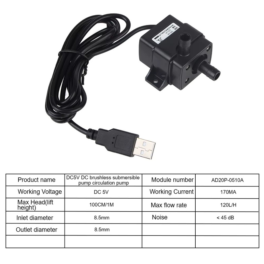 Bürstenlose Mini-Tauchpumpe für Gartenteich und Aquarium, DC12V und USB-Betrieb, Schwarz, 120 l/h - Bild 2