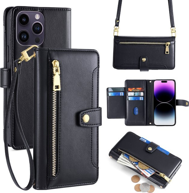 AIMONCASE Damen Handyhülle als Umhängetasche mit Geldbörse und Kartensteckplätzen für iPhone, Flip-Cover mit Riemen in Schwarz oder Lila - Bild 1