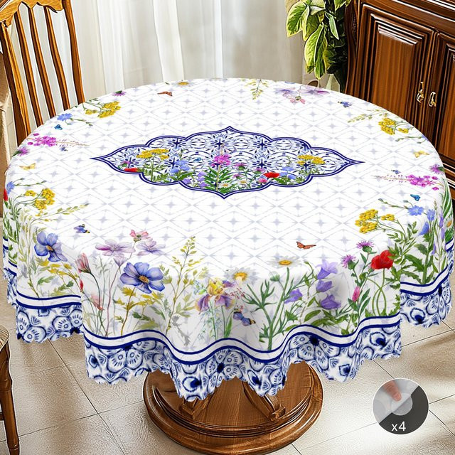JINGYUE Pet Tischdecke für Ostern im Retro-Bauernhaus-Stil mit Lamm- und Blumenmuster, rund, Mehrfarbig, Durchmesser: 152 cm - Bild 1
