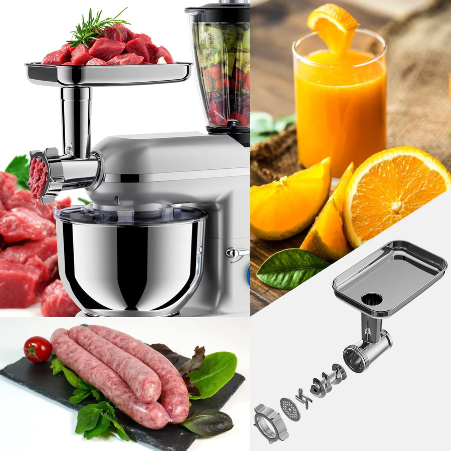 Jianyana Multifunktionaler Standmixer 1900W mit 6L Edelstahl-Rührschüssel in Silber inklusive Fleischwolf, Knethaken, Schneebesen und Rührbesen - Bild 3
