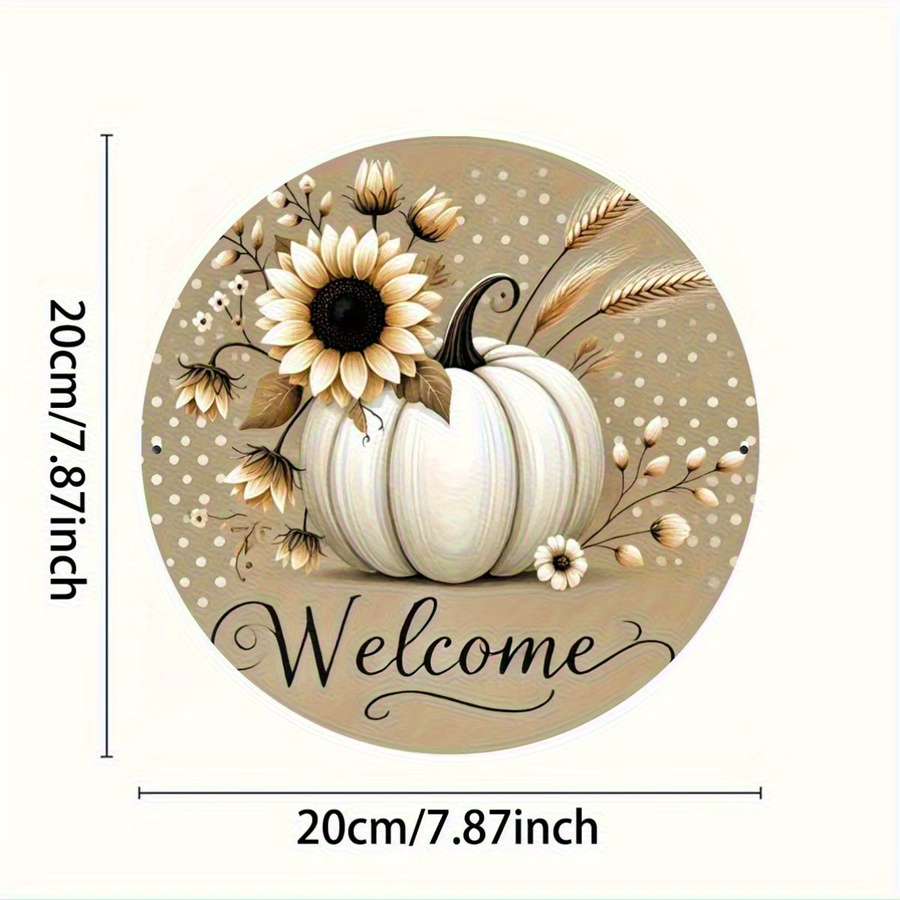 Potdemiel Rundes Aluminium-Wandschild mit Kürbis, Herbstblättern und Sonnenblumen in Weiß, Durchmesser: 20,0 cm - Bild 2