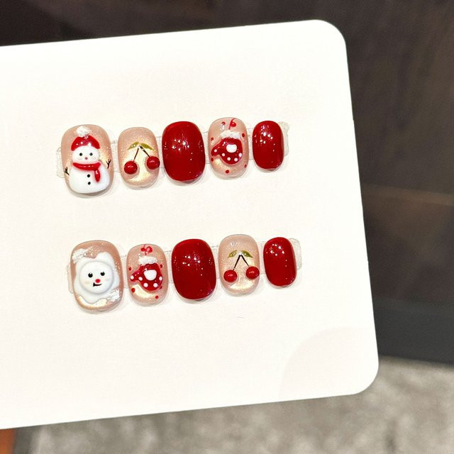 YADORNOS Kunstnägel, Schneemann und rote Beere, kurz, oval, glitzernd - Bild 1