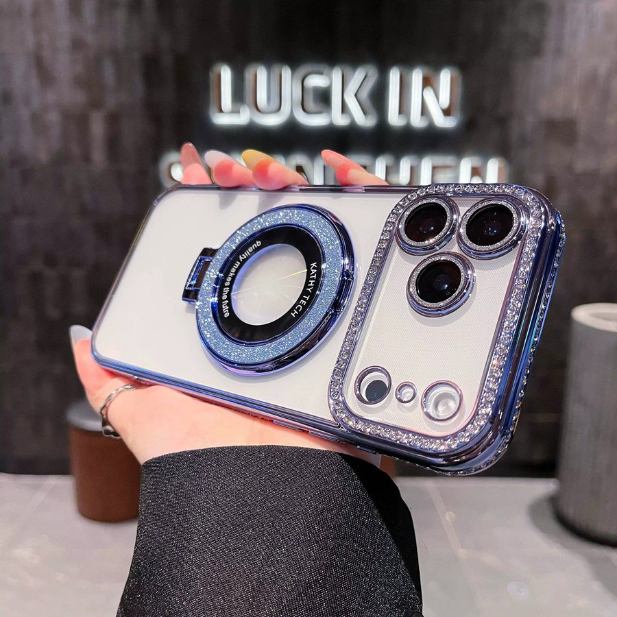 EOENKK Magnetische Glitzer-Diamant Telefonhülle für iPhone in Blau mit Stoßfestem Stand-Rückseite - Bild 2