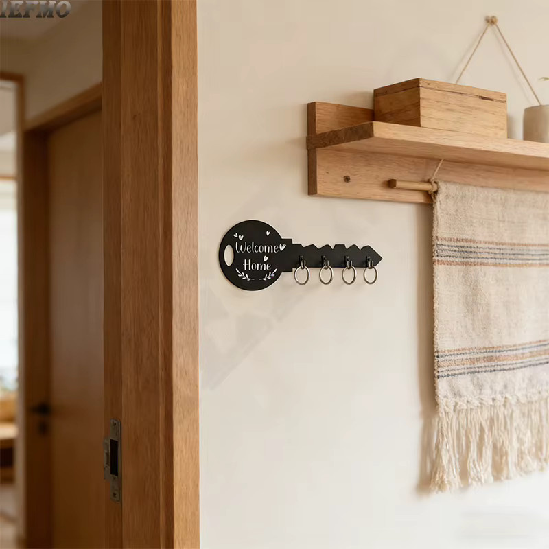 IEFMO Vintage Schlüsselhalter aus Holz und Metall in Schwarz als rustikale Wandhaken-Dekoration für den Flur - Bild 2