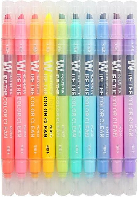 Super Six Radierbare Textmarker im Set mit 10 Pastellfarben, Doppelspitzen-Marker in Grau und Multicolour für Schule und Kunst - Bild 1