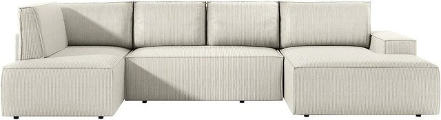 Vente-unique Schlafsofa Amelia in L-Form mit Cord-Bezug, Farbe Beige - Bild 1