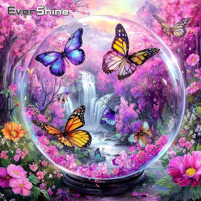 EverShine Diamant-Mosaik Stickerei Kirschblüten und Schmetterlinge als Landschafts-Wasserfall-Gemälde in Multicolour, Tischmodell, B/T: 20 x 20 cm - Bild 1