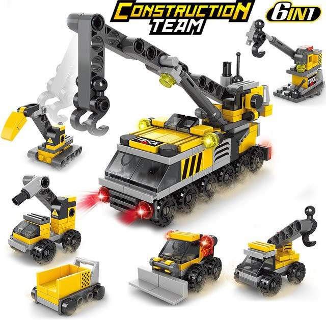 6 in 1 DIY Stadt Bau Team Lkw Kran Gabelstapler, Bausteine Kit, Fahrzeuge - Bild 1