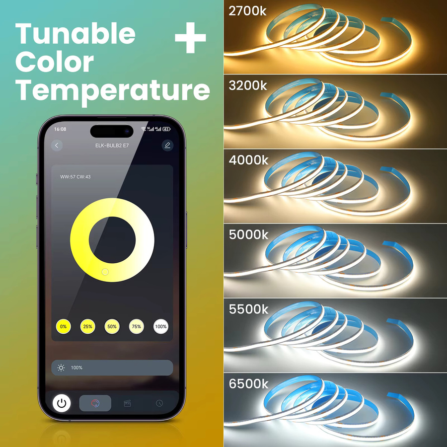 HEGEHE COB LED-Streifenleuchte mit Bluetooth App Steuerung, dimmbar, CCT 2700K - 6500K, 24V, weiß - Bild 2