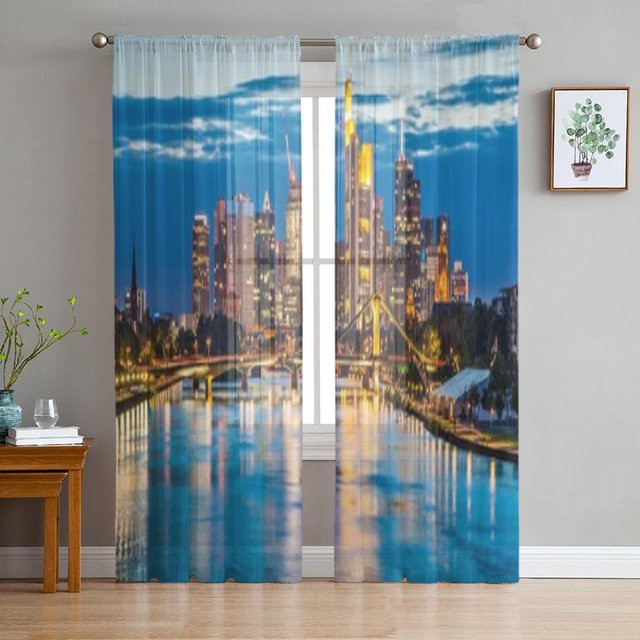 Super Six Tüll Gardine Frankfurt Am Main Skyline in der Dämmerung, Blau, Organza Vorhang, Breite: 135 cm, Höhe: 114 cm - Bild 1