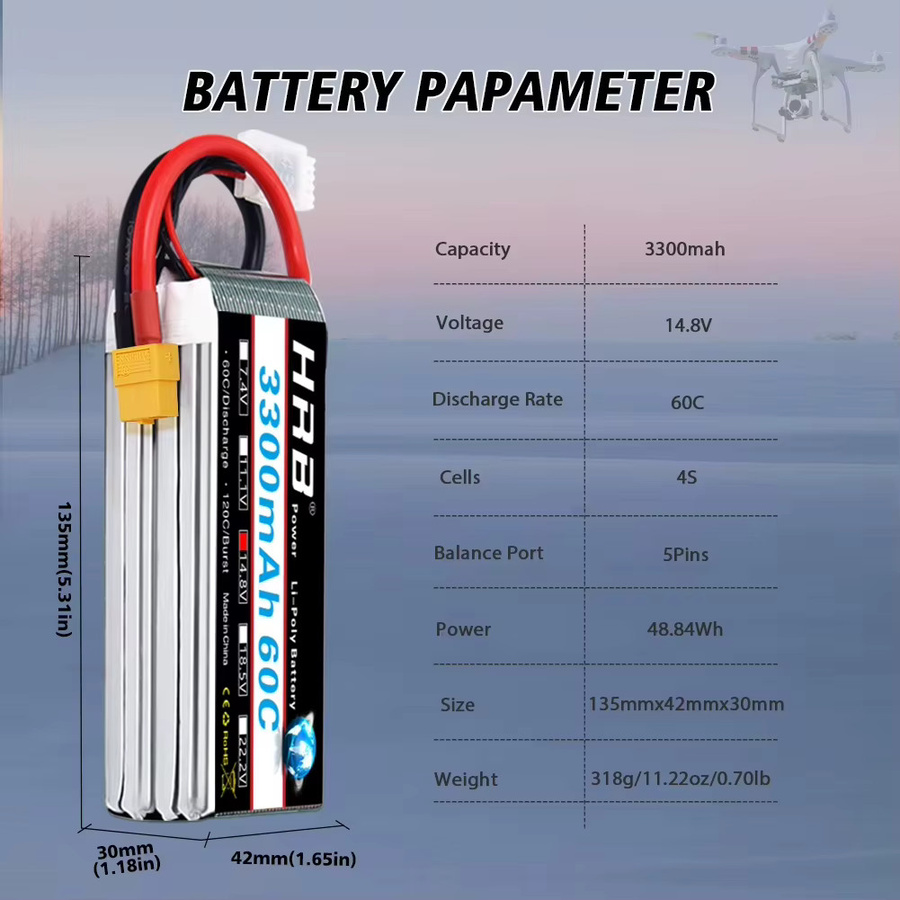 HRB LiPo Batterie 14,8 V 4S 3300 mAh mit XT60 Anschluss für RC FPV Flugzeuge, Drohnen, Racing Boote und Autos - Bild 2