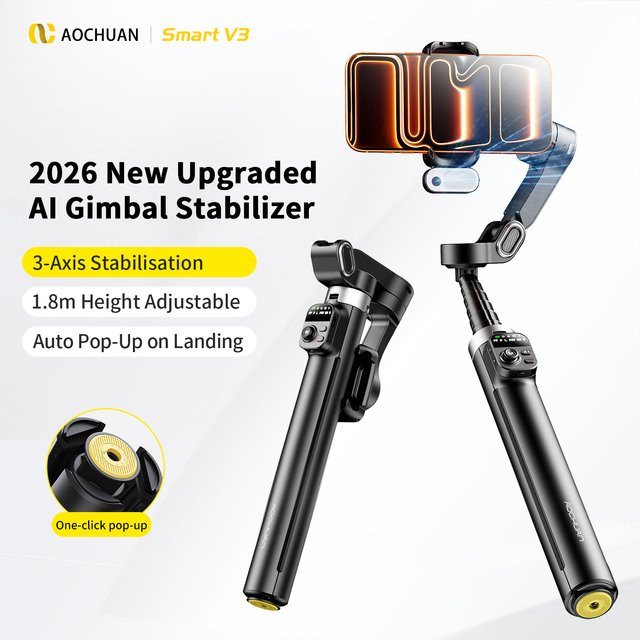 AOCHUAN Smart V3 3-Achsen-Gimbal-Stabilisator in Schwarz mit integrierter Verlängerungsstange, abnehmbarer Fernbedienung, KI-Tracking und Aufhellungslicht für Vlog-Aufnahmen - Bild 1