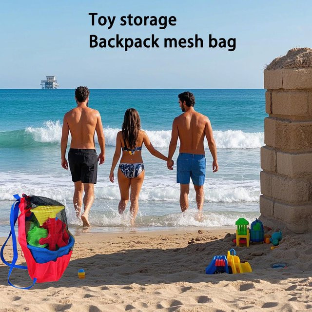 Clyine Sommer-Strandnetz Aufbewahrungstasche aus Mesh in Rot mit Kordelzug und doppeltem Schultergurt - Bild 1