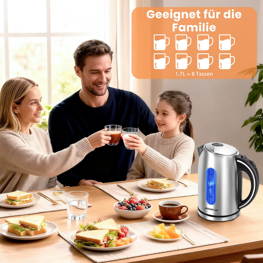 Aigostar Wasserkocher Edelstahl Silber, 1,7 l, 2200 Watt mit Kalkfilter und Abschaltautomatik - Bild 4