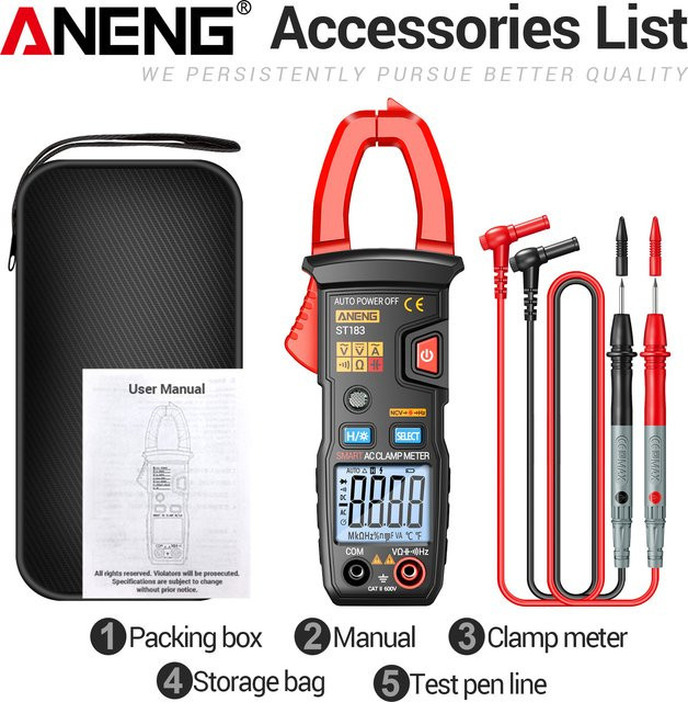 ANENG ST183 Multifunktionales Digitales Zangenamperemeter mit True RMS, 600A AC/DC Strom, Spannung, NCV und Kondensator-Tester - Bild 1