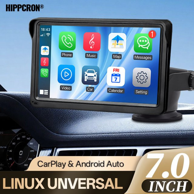 Hippcron 7-Zoll Tragbares Autoradio mit Android Auto und Wireless CarPlay, Multimedia-Videoplayer mit Touchscreen und GPS-Navigation, Schwarz - Bild 1