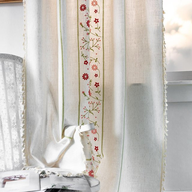SH Home Decoration Erkerfenstervorhang aus Baumwolle und Leinen mit Kunst-Quastenstickerei, Weiß, Höhe: 45 cm, Breite: 132 cm - Bild 1