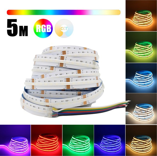 MJJC RGBCCT COB LED Streifen Licht DC 24V, 5m FCOB LED Band mit 840 LEDs/m, RGBWW Multicolour, dotless flexibel für Raumdekoration und Beleuchtung - Bild 1