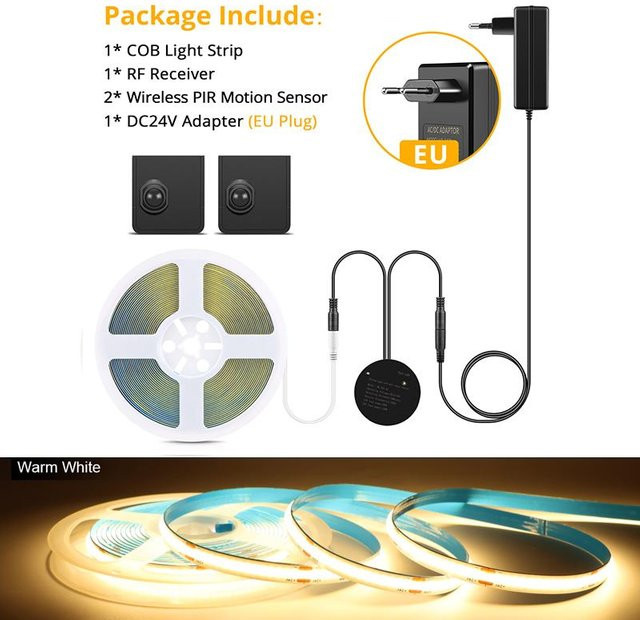 MALITAI COB LED Lichtstreifen mit PIR-Bewegungsmelder und drahtlosem HF-Empfänger, 3m DIY-Nachtlampe in Warmweiß, Weiß oder Natural White für Küchenschränke, Schlafzimmer und Treppen - Bild 1