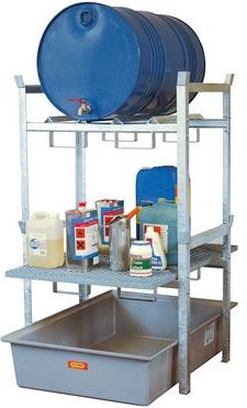 CEMO Fassregal Typ 400 Variante 3 in Grau und Silber mit GFK-Auffangwanne 200 l und Fassauflage für 2 x 60 l Fässer, B/T/H: 128 x 99 x 162 cm - Bild 1