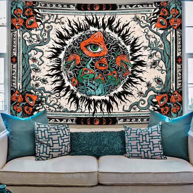VIKAMA Bohemian Wandteppich mit psychedelischem Augen-Sonnenpilz-Design in Multicolour, Wandbehang mit floralem und abstraktem Muster, B/H: 60 x 40 cm - Bild 1