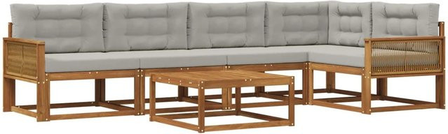 vidaXL Outdoor-Sofagarnitur L-Form aus Akazienholz mit 6 Kissen in Natur und Hellgrau - Bild 1