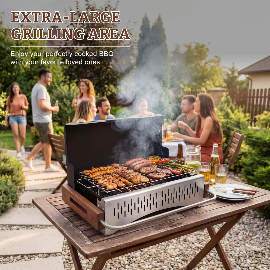 HOMAVO Tragbarer Holzkohlegrill in Schwarz, Kompakter Tischgrill für Camping und Picknick, geeignet für 1-4 Personen, B/T/H: 50,72 x 33,66 x 33,2 cm - Bild 6