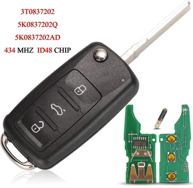 Fernbedienung Autoschlüssel für VW Käfer Eos Golf 6 Jetta Tiguan Seat Skoda Fabia Schwarz 434MHz ID48 Chip 3T0837202 5K0837202AD 202Q - Bild 1