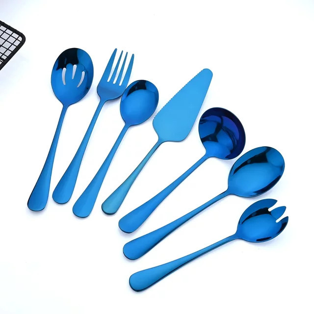 JAOER 7-teiliges Besteckset aus Edelstahl in Silber und Blau mit Gabel, Löffel und Salatbesteck - Bild 1