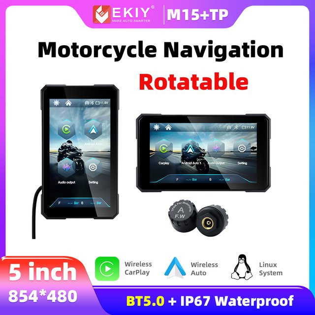 EKIY 5-Zoll Motorrad-Display mit Android Auto und Apple CarPlay, wasserdichtes Bluetooth-Navigationsdisplay in Schwarz - Bild 1