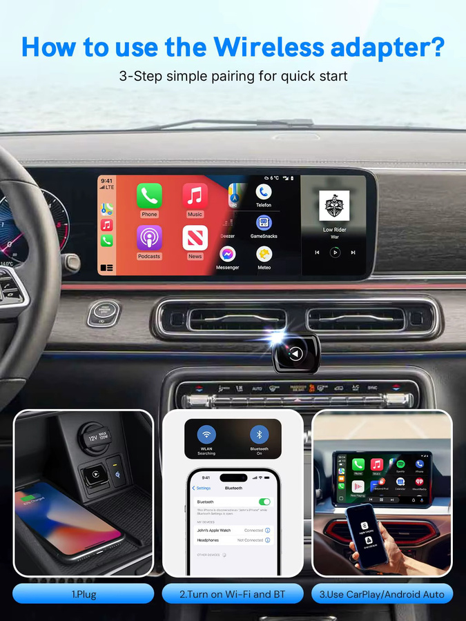 Neelyke Kabelloser CarPlay und Android Auto Adapter in Schwarz zur Umwandlung von kabelgebunden auf kabellos - Bild 4