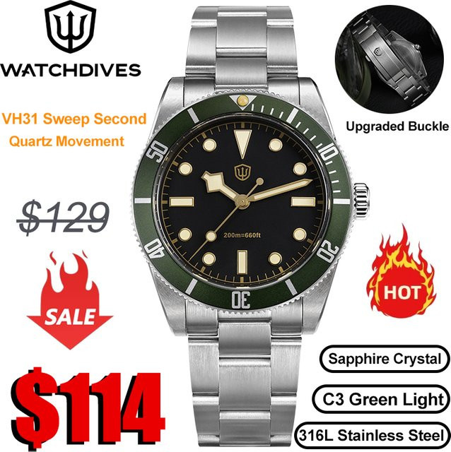 Watchdives Armbanduhr, Edelstahl, Automatik, 37 mm, Schwarz, Herren - Bild 1