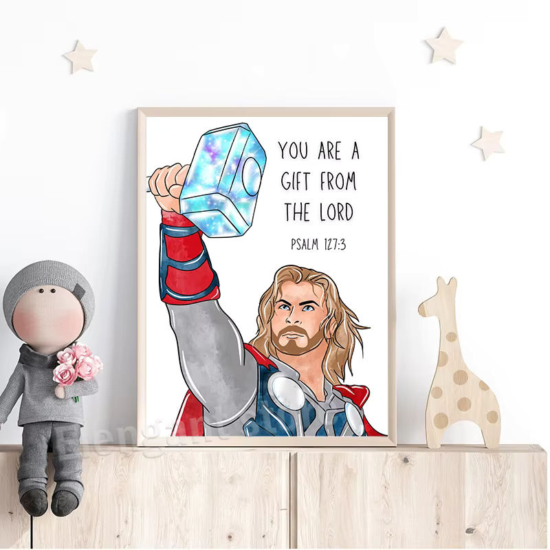Rahmenloses Leinwandgemälde von KAYOU mit Superhelden und Bibelversen, mehrfarbiger Kunstdruck im Hochformat für Kinder - Bild 3