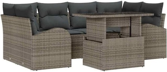vidaXL Garten-Sofa-Set aus Poly-Rattan mit Kissen und Stauraum, 7-teilig, Grau - Bild 1