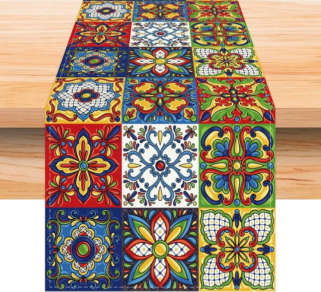 JMG Household Supplies Tischläufer aus Leinen in Rot und Multicolour mit mexikanischem Ethno-Design, B/L: 150 x 33 cm - Bild 1