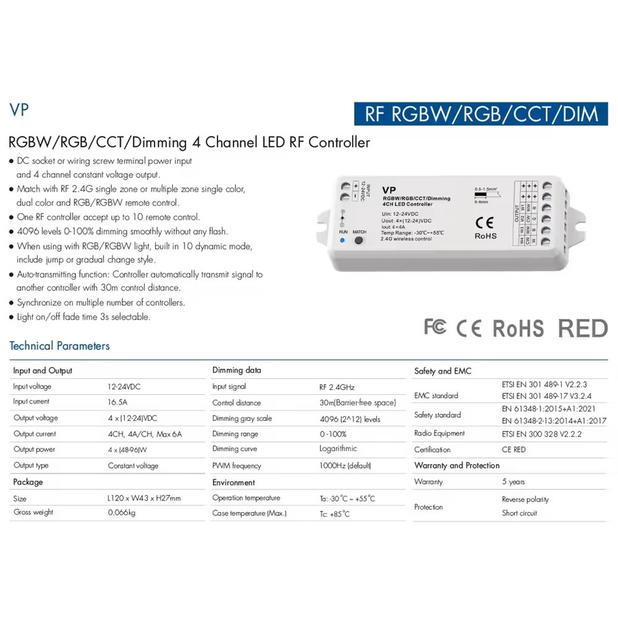 YSRSAI LED-Controller mit 2,4GHz Touch-Fernbedienung für RGBW-Streifenlicht, 12V 24V Wandmontierter LED-Dimmer - Bild 4