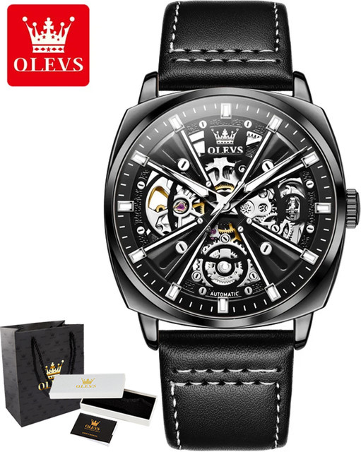 OLEVS Armbanduhr, Automatik, Tonneau, Leder, Schwarz, Herren - Bild 1