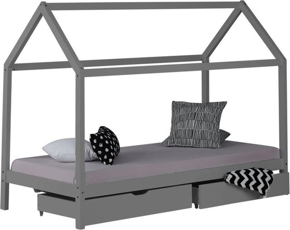 Homestyle4u Hausbett aus Kiefernholz mit Lattenrost, Matratze und Bettkästen in Grau, B/T/H: 90 x 200 cm