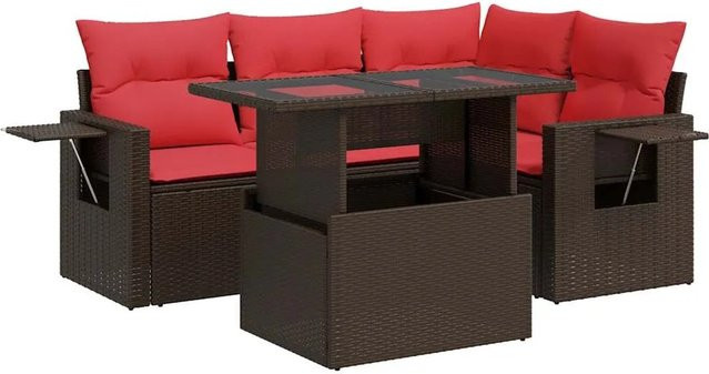 vidaXL 5-teilige Garten-Sofagarnitur in L-Form aus braunem Poly Rattan und Akazie mit wetterfesten Kissen und Armlehnen - Bild 1